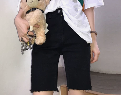黑色牛仔短裤女夏季薄款高腰直筒显瘦弹力修身...