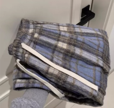 秋冬毛呢裤蓝色毛呢格子裤子女秋冬2023新...