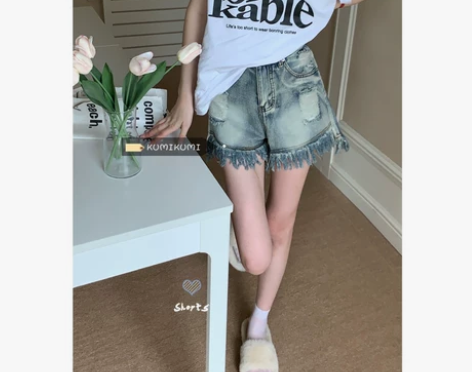 设计感毛边牛仔短裤女夏季水洗裤子高腰辣妹热...