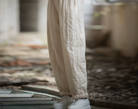 加厚夹棉保暖长裤秋冬新款棉麻女装绗缝竖格休...