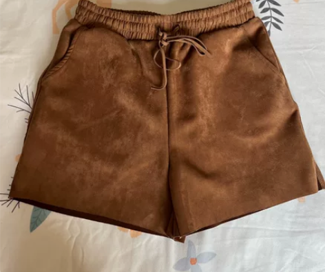 咖色松紧腰阔腿鹿皮绒短裤女休闲裤韩版宽松靴...