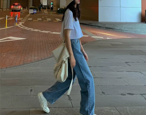 红人馆 牛仔阔腿裤女春季港风复古垂感高腰宽...
