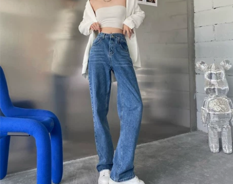 高腰设计感交叉牛仔裤女春装阔腿垂感175加...