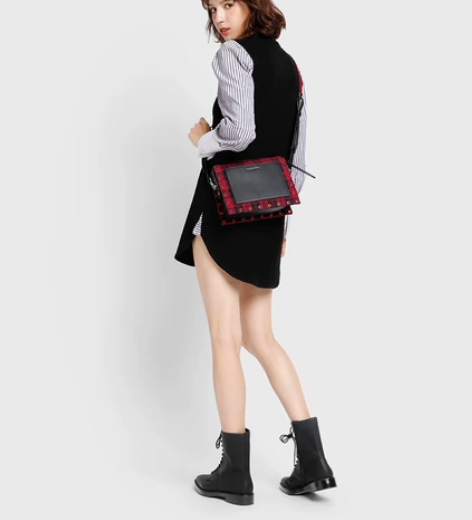 小ck英伦风斜跨圆环孔时尚格子拉链女士单肩...