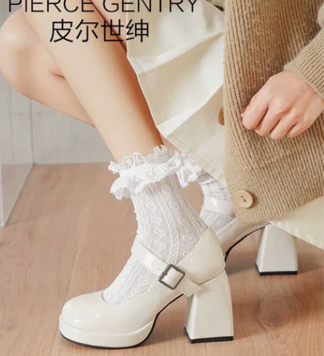 高跟鞋女婚鞋法式一字带玛丽珍鞋防水台粗跟单...