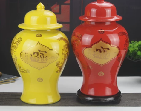 景德镇陶瓷器招财红黄将军罐花瓶摆件客厅玄关...