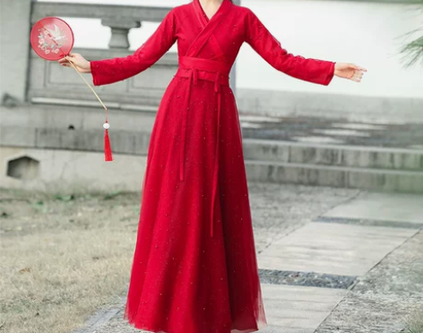 大红色汉服女夏季古风小个子改良连衣裙上班穿...