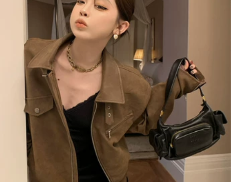 ?番茄侠 城市猎人 棕色麂皮翻领pu皮衣夹...