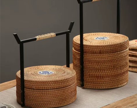 手工越南藤编茶饼盒茶具收纳盒提手篮圆形带盖...