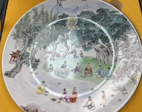 景德镇陶瓷王锡良手工《兰亭修禊图》赏盘博古...