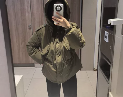 森马s码军绿色棉服超厚女士棉服连帽拉链收腰...