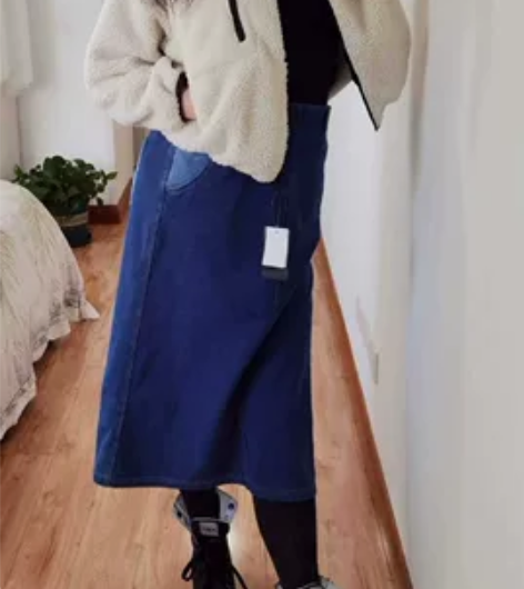 秋冬女松紧腰围加绒防寒保暖水洗牛仔中长A字...