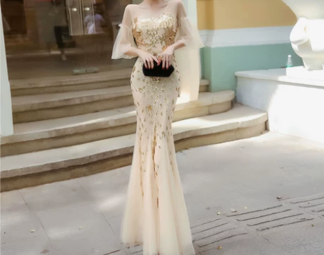 名媛气质性感网纱重工亮片宴会晚鱼尾礼服长裙...