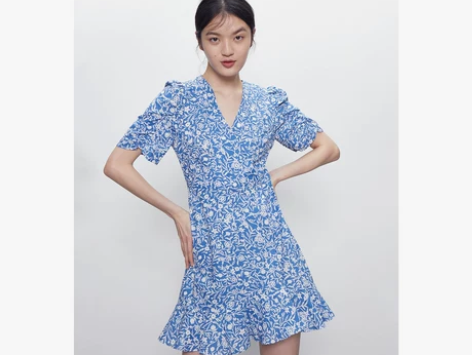 UR2020春夏新品女装文艺休闲风蓝色印花...