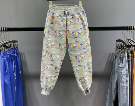 彩色印花加绒运动卫裤女冬季新款松紧腰休闲宽...