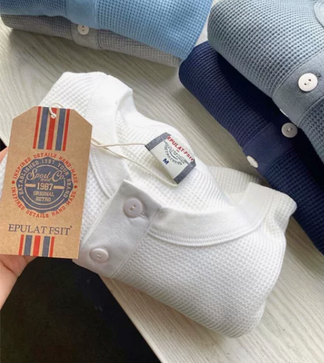 280克重亨利领硬货纯色休闲华夫格长袖T恤...