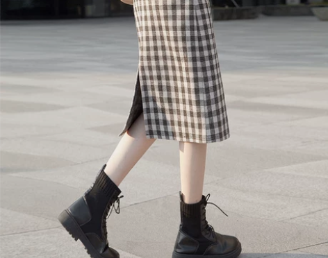 毛呢格子半身裙女中长款小个子高腰显瘦气质开...