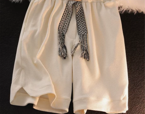 美式篮球短裤杏色高腰阔腿休闲运动裤宽松in...