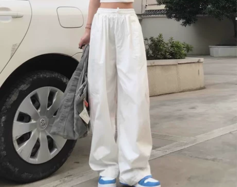 hiphop白色高腰显瘦运动裤日系宽松休闲...