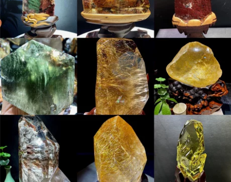 天然白黄紫水晶摆件原石景石黄胶花绿幽灵发晶...