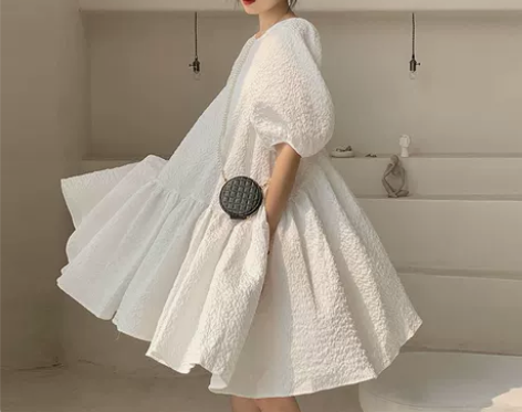 泡泡袖蓬蓬裙连衣裙女夏法式公主裙白色大码娃...
