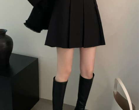 设计感小众西装百褶裙半身裙女秋冬大码高腰学...