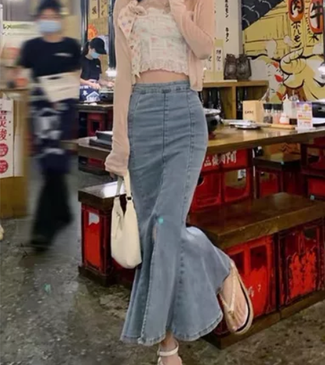 浅色牛仔半身裙女中长款夏季新款弹力修身显瘦...