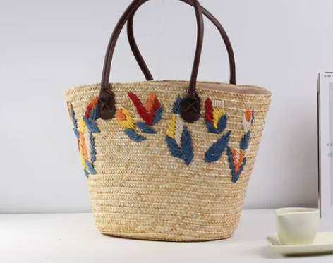 2023新款清新刺绣草编包 小众休闲包编织...