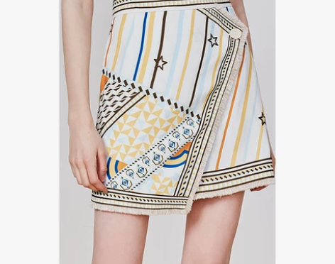 Lily新款女装不对称几何印花拼接流苏A字...