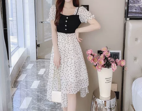 雪纺碎花连衣裙女夏季2022新款法式不规则...