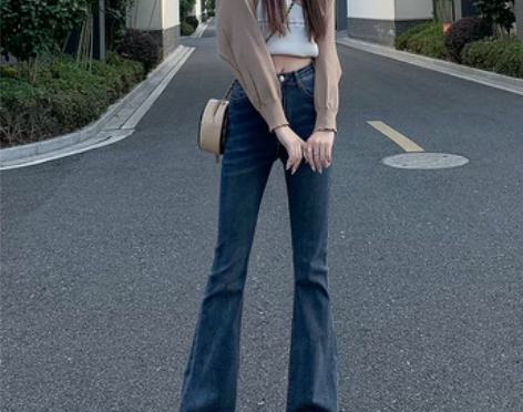 高腰弹力微喇叭牛仔裤女2022春季新款喇叭...