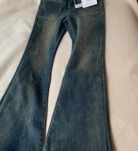 春秋款微喇叭牛仔裤女复古高腰显瘦水洗做旧设...