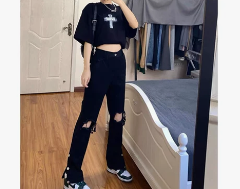 黑色弹力直筒破洞牛仔裤女高腰秋季新款大码胖...