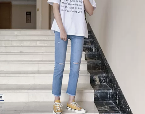 牛仔裤女春夏季新款高腰弹力学院风直筒膝盖破...