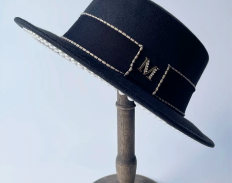 法式赫本风珍珠毛呢帽子黑色复古平沿礼帽女秋...