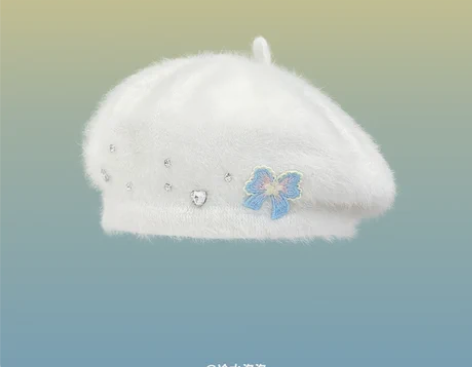 千禧甜妹~少女可爱蝴蝶结仿兔毛毛绒贝雷帽子...