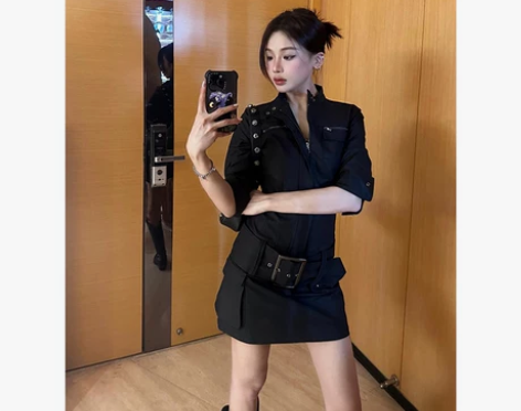 Turn up/陳腿儿 美式辣妹黑色工装连...