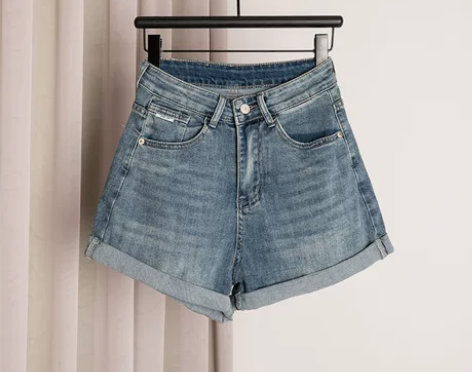 卷边牛仔短裤女夏季弹力薄款a字高腰百搭显瘦...