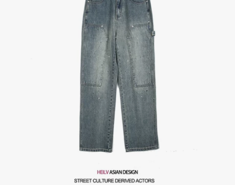 黑驴街头水洗做旧复古泼墨牛仔裤男工装设计美...