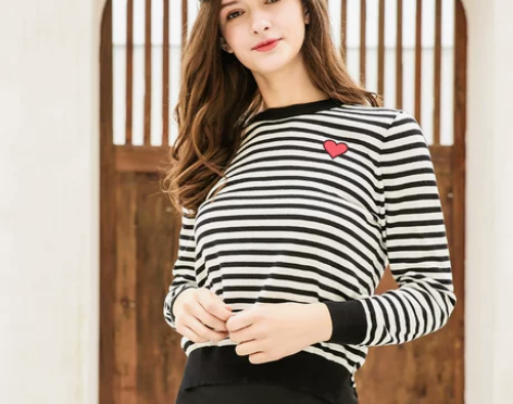 简朵2019春季新品百搭气质圆领套头条纹显...