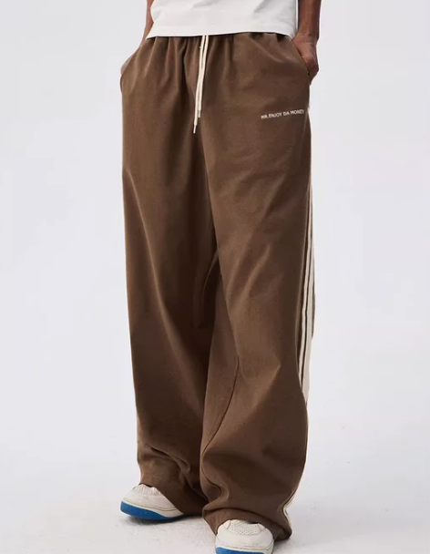 美式高街侧边条纹运动裤男女潮牌宽松直筒阔腿...