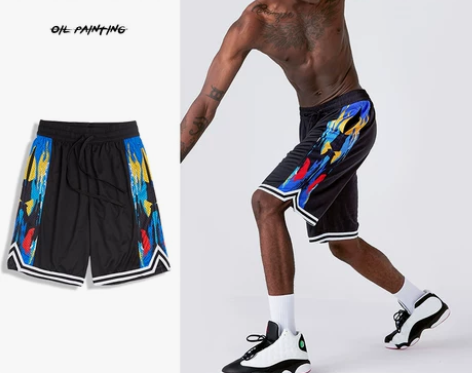 梵高油画潮款篮球短裤运动美式五分裤过膝宽松...