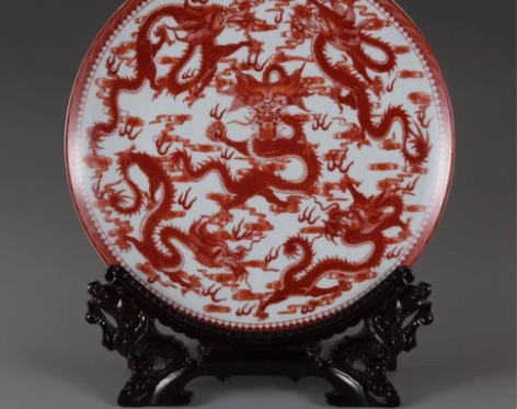 乾隆巩红五龙纹平盘赏盘看盘古董中式古典家居...