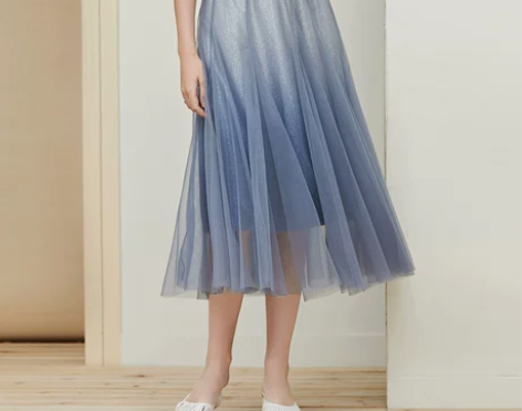 蓝色A字网纱半身裙BELLOSZ夏季新款宽...