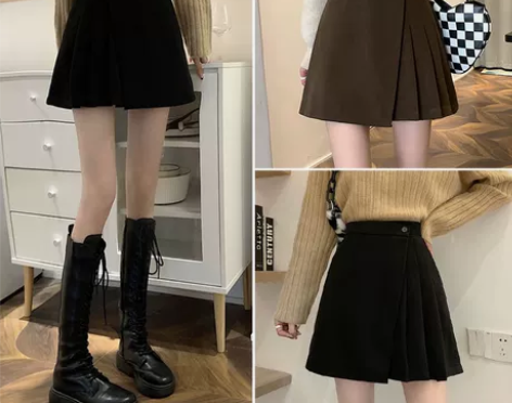 大码咖色毛呢半身裙春秋女不规则短裙遮肚包臀...