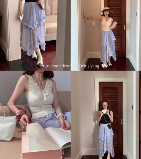 蕾丝蛋糕裙子半身裙女设计感小众甜美不规则高...