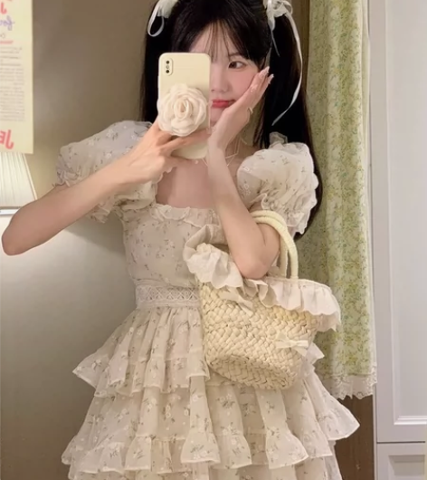 法式碎花泡泡袖连衣裙方领蛋糕裙子 穿一洗一...