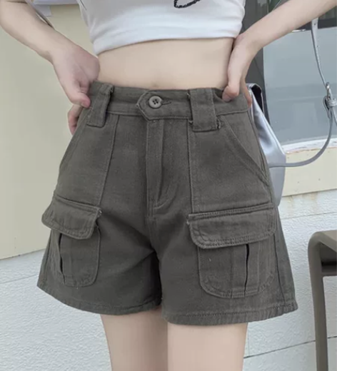 美式复古工装短裤女夏季2023新款高腰包臀...