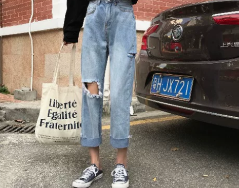 春季新款宽松破洞显瘦卷边牛仔长裤女高腰直…...