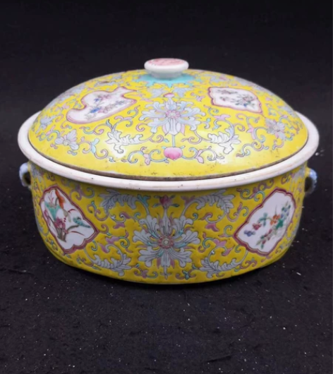 古玩古董收藏明清老货瓷器清同光时期黄地粉彩...